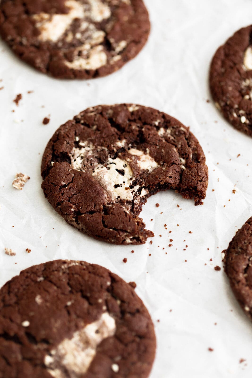 chocolate halva cookies with bite taken out