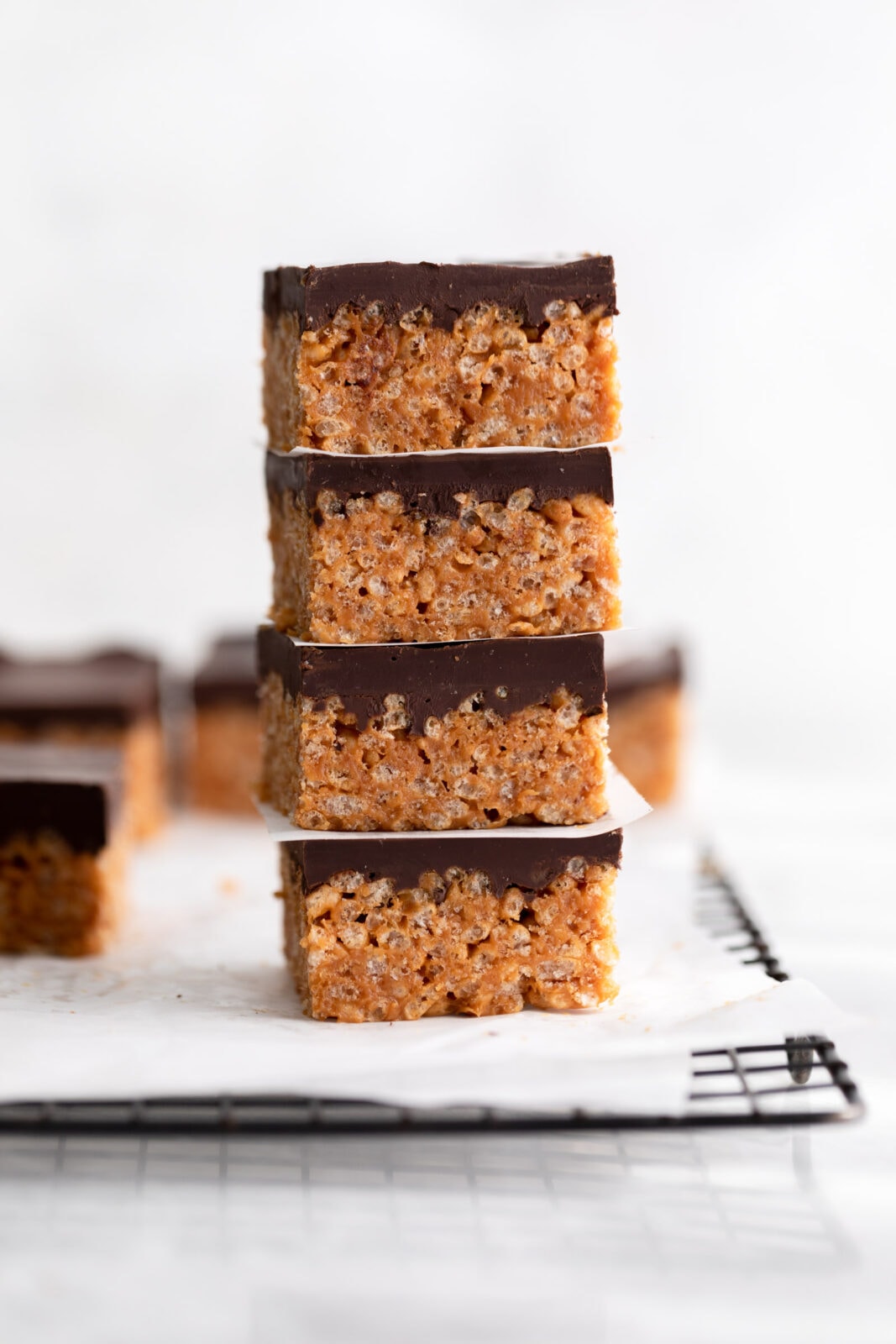 salted caramel scotcheroos in a stack