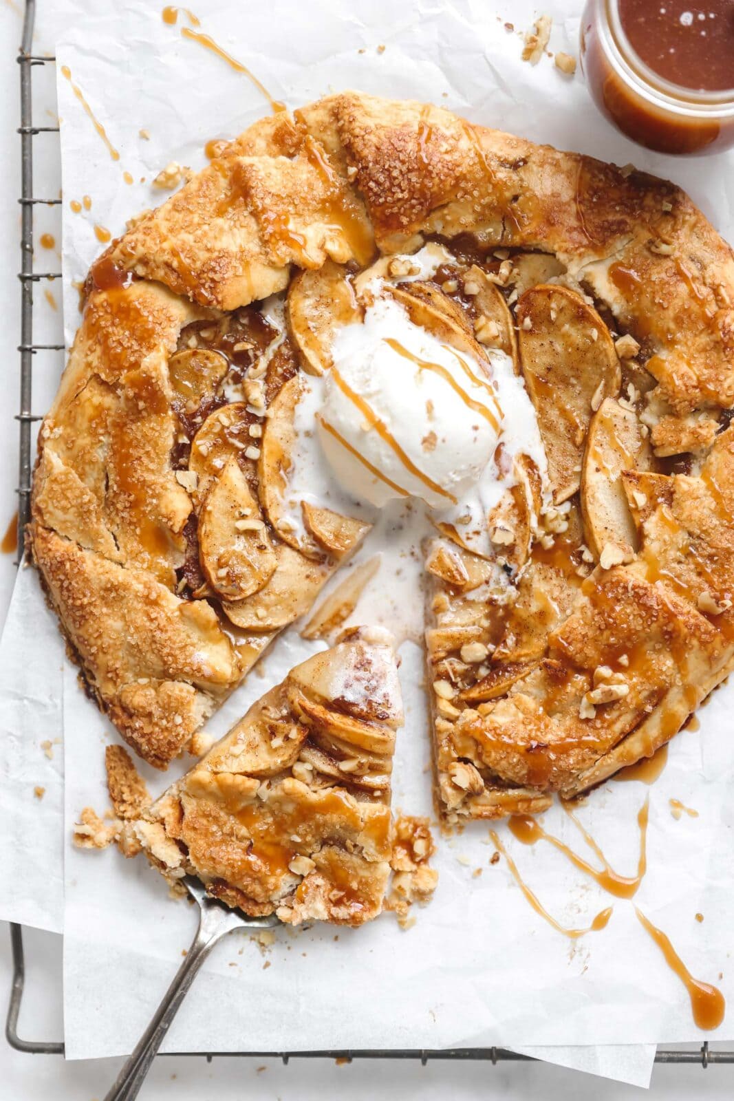 salted caramel apple galette with vanilla ice cream