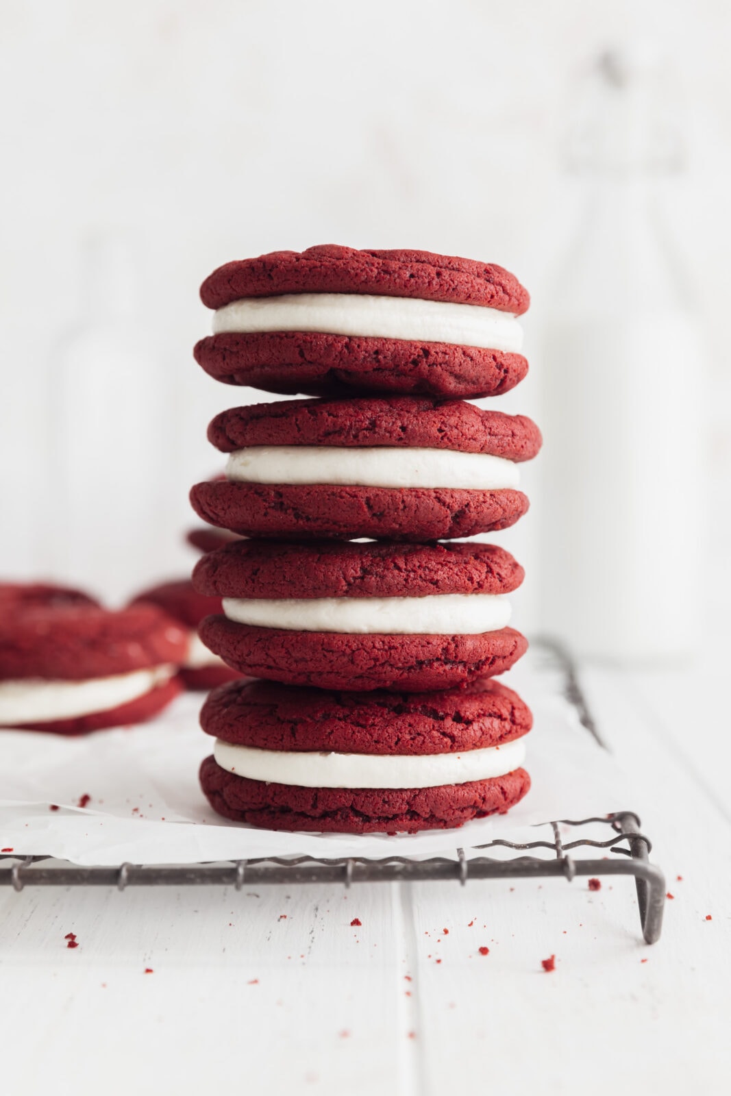 red velvet sandwich cookies stacked