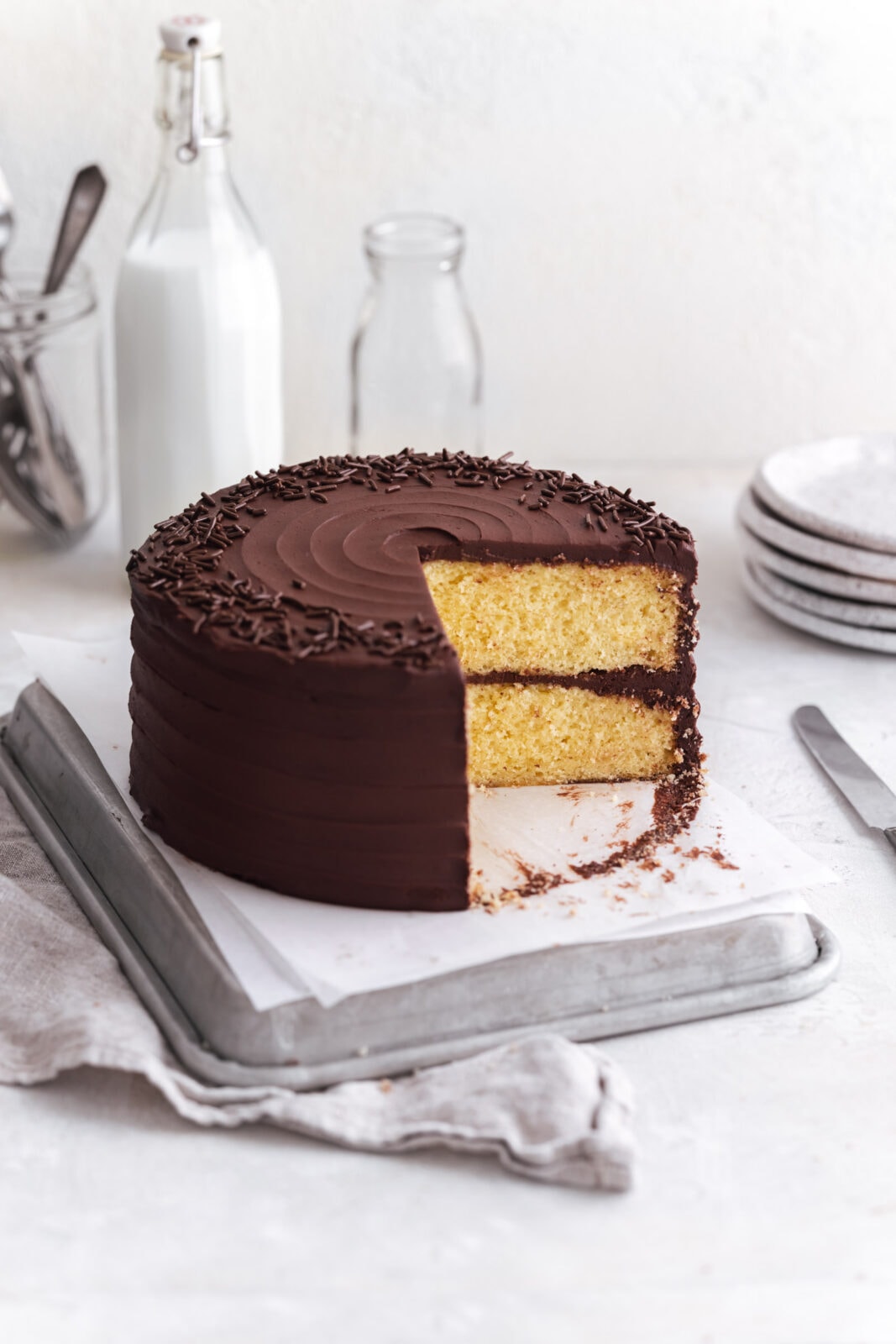 yellow cake with chocolate frosting