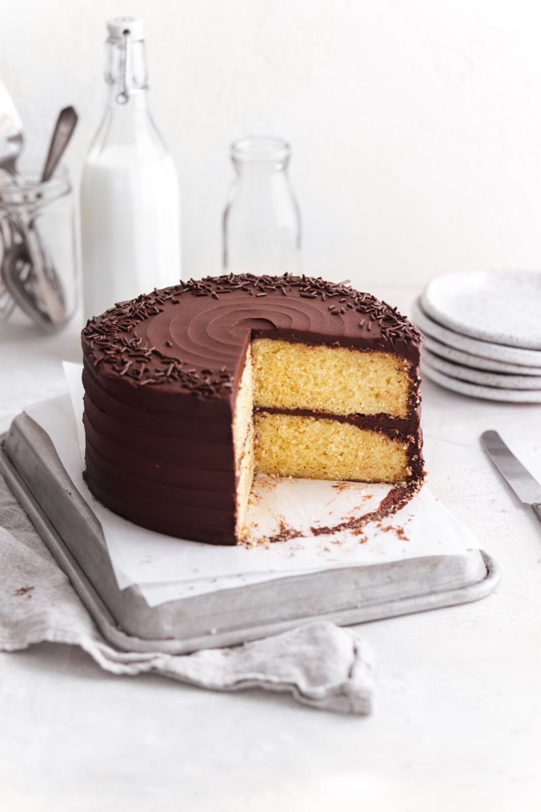 yellow cake with chocolate frosting
