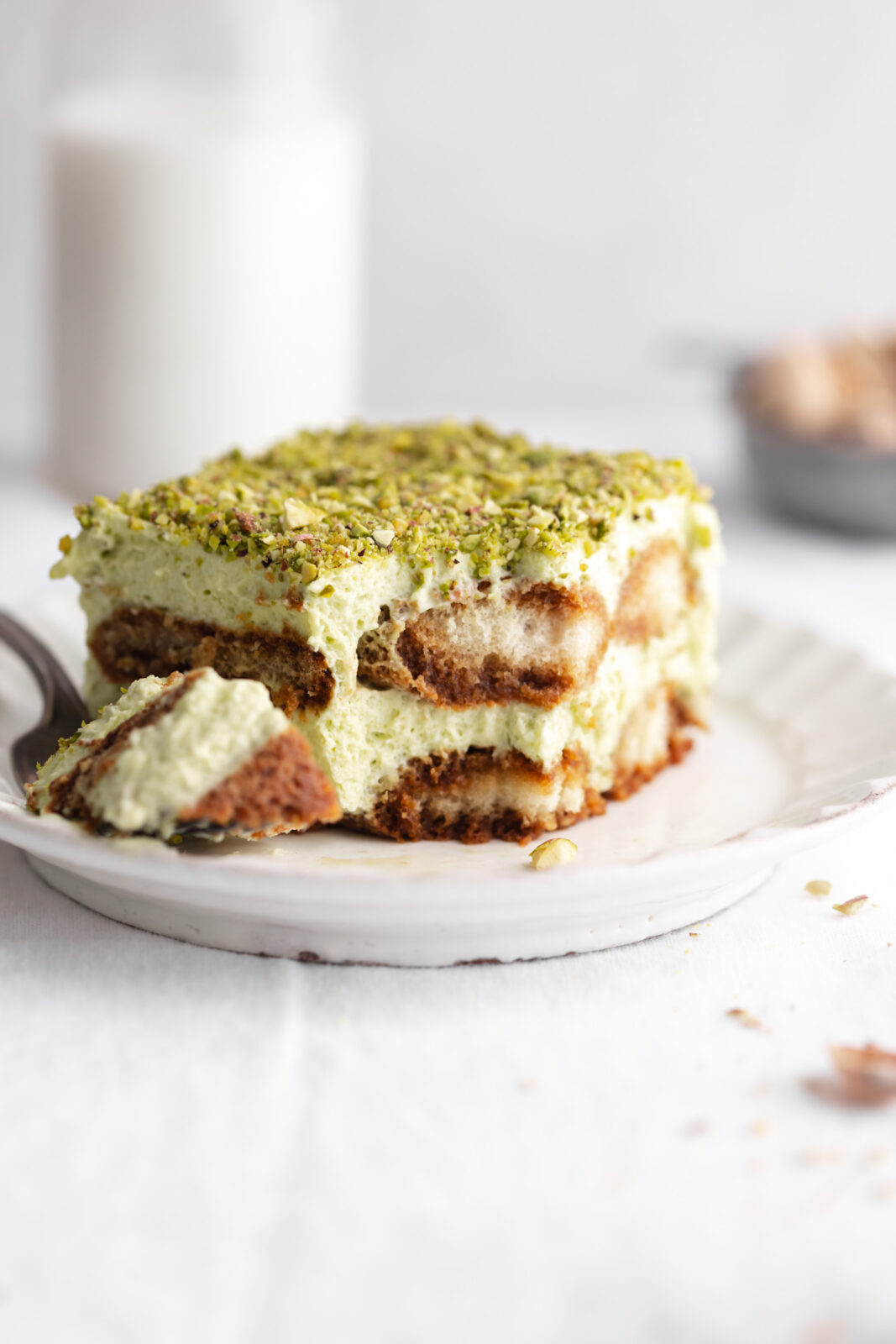 pistachio tiramisu with a bite